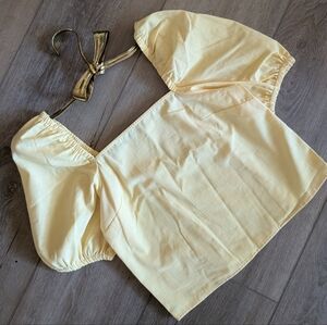 Cottage core cotton pale yellow puff sleeves cropped top M/L B34-38"L19"